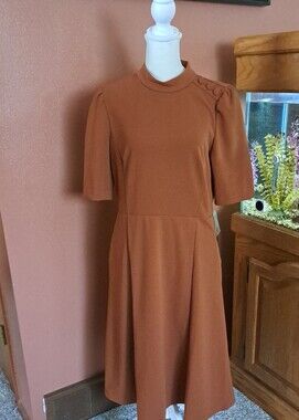 Crewneck Midi Dress in Rust with Button-Shoulder Detail